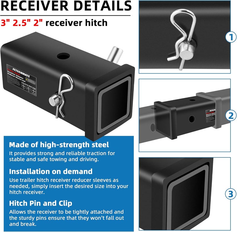 Fetechmate Trailer Hitch Receiver Extender Adapter Reducer Sleeve Set by , 3" to 2", 3" to 2-1/2", 2-1/2" to 2" Carbon Steel Extender Towing Trailer Hitch Receiver with Pin & Clip - Image 4